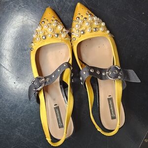 Yellow Satin Mary Jane Kitten Heel Pearl Bejeweled Iridecent